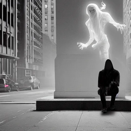 Image similar to sheet ghost with a cigarette in mouth, irreverently haunting a NYC sidewalk, trending on artstation, 8k, 4k, volumetric lighting, lighthearted, cinematic composition, hd, fun