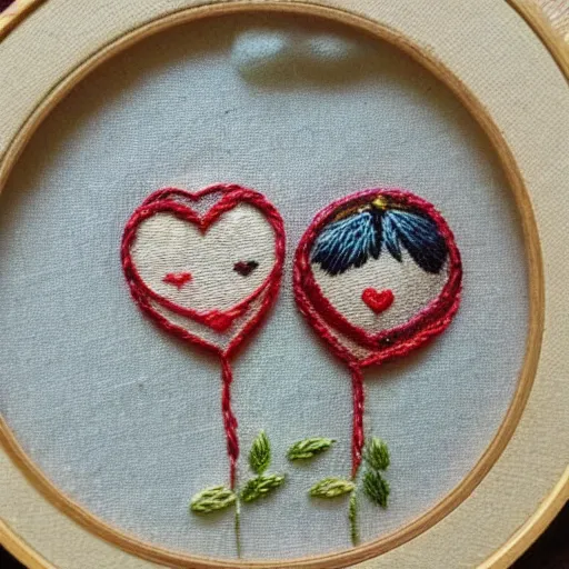 Image similar to a tiny beautiful handmade embroidery of a couple kissing. hand embroidery.