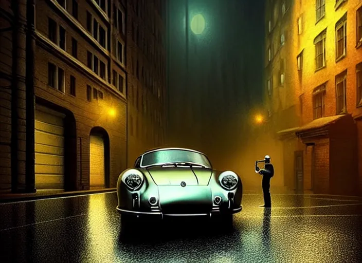 Prompt: beautiful extreme photo in style of frontiers rendered in octane 3d , stunning, coherent, beautiful painting, still of a Mysterious figure swings a heavy sledgehammer at a silver Porsche 550 with its headlights on, parked on the side of the road in the city of Cologne in the rain, by George Tooker, moody, ominous, lighting, hyper-realistic, , Edward Hopper and James Gilleard, Zdzislaw Beksinski, Steven Outram, highly detailedrich deep colors. rich deep colors. Beksinski painting, art by Takato Yamamoto , Wayne Barlowe. masterpiece. rendered in blender, ultra realistic, smooth shading, ultra detailed, high resolution, cinematic, unreal 6