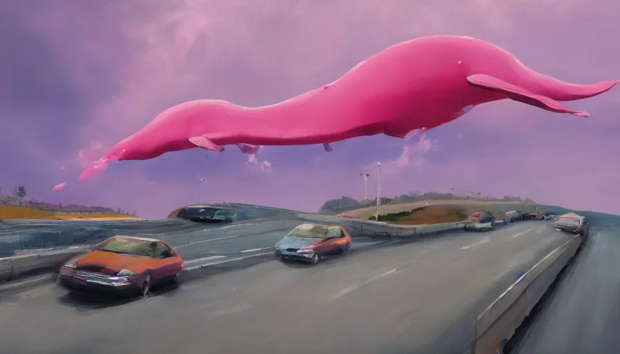 Prompt: an oil painting of a giant pink whale falling out of a blue sky onto cars on a busy bridge, realistic, cinematic lighting