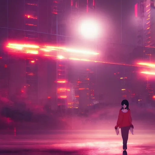 Image similar to anime isis, 3 5 mm film still, wired landscape, cyberpunk, volumetric lighting, photo realistic, digital art, anime background, red colour palette, very detailed faces