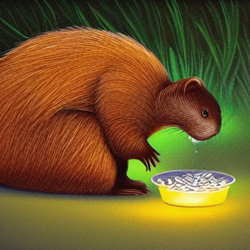 Image similar to digital painting of a beaver spitting seeds into a bucket, detailed, glow,