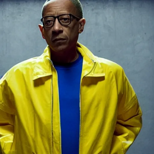 Image similar to gus fring in a blue varsity jacket with yellow sleeves, still from breaking bad