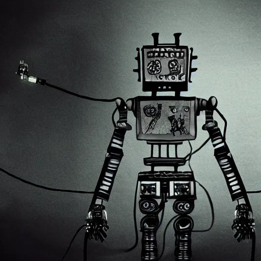 Prompt: robot with wires around the land creepy, nightmare