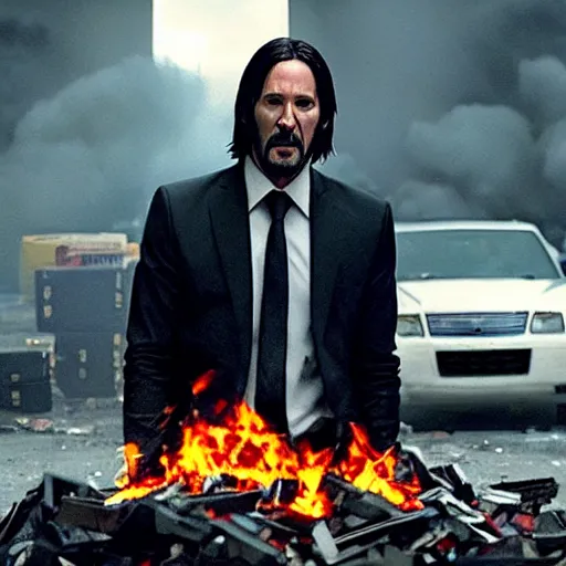 Image similar to cinematic still of John Wick burning a pile of CDs in John Wick (2009). shallow depth of field, cinematic