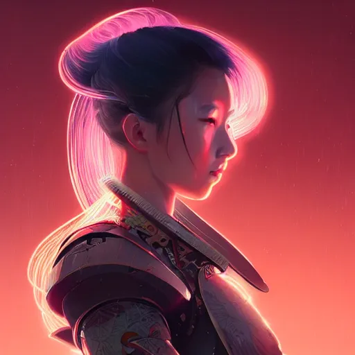 Image similar to portrait futuristic Samurai Girl, in future cyberpunk tokyo rooftop , ssci-fi, fantasy, intricate, very very beautiful, elegant, human anatomy, neon light, highly detailed, digital painting, artstation, concept art, smooth, sharp focus, illustration, art by tian zi and WLOP and alphonse mucha