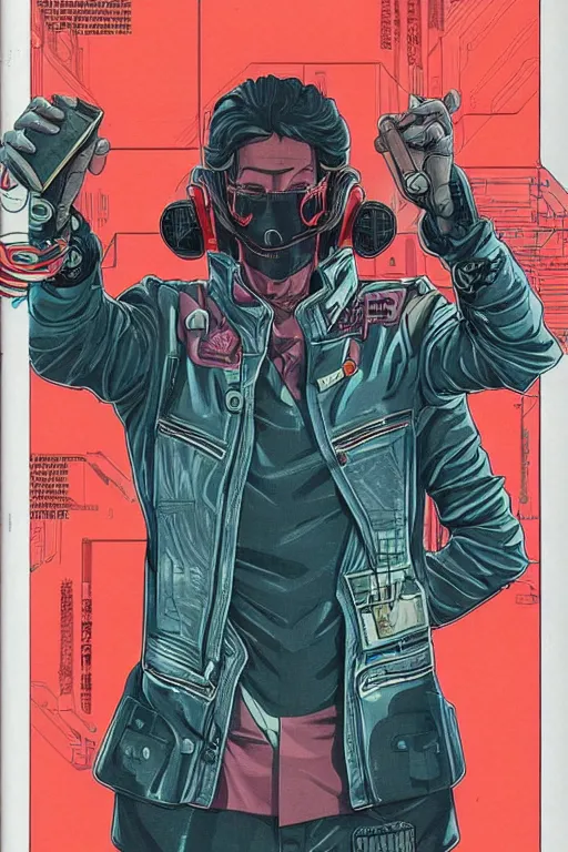 Image similar to 1 9 7 9 omni magazine cover of hiroyuki sanada in a leather jacket. stylized cyberpunk art by josan gonzalez.