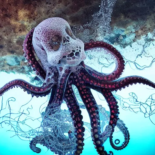 Image similar to an octopus made out of decaying human skeleton, beautiful underwater nature photograph with dynamic lighting and murky water