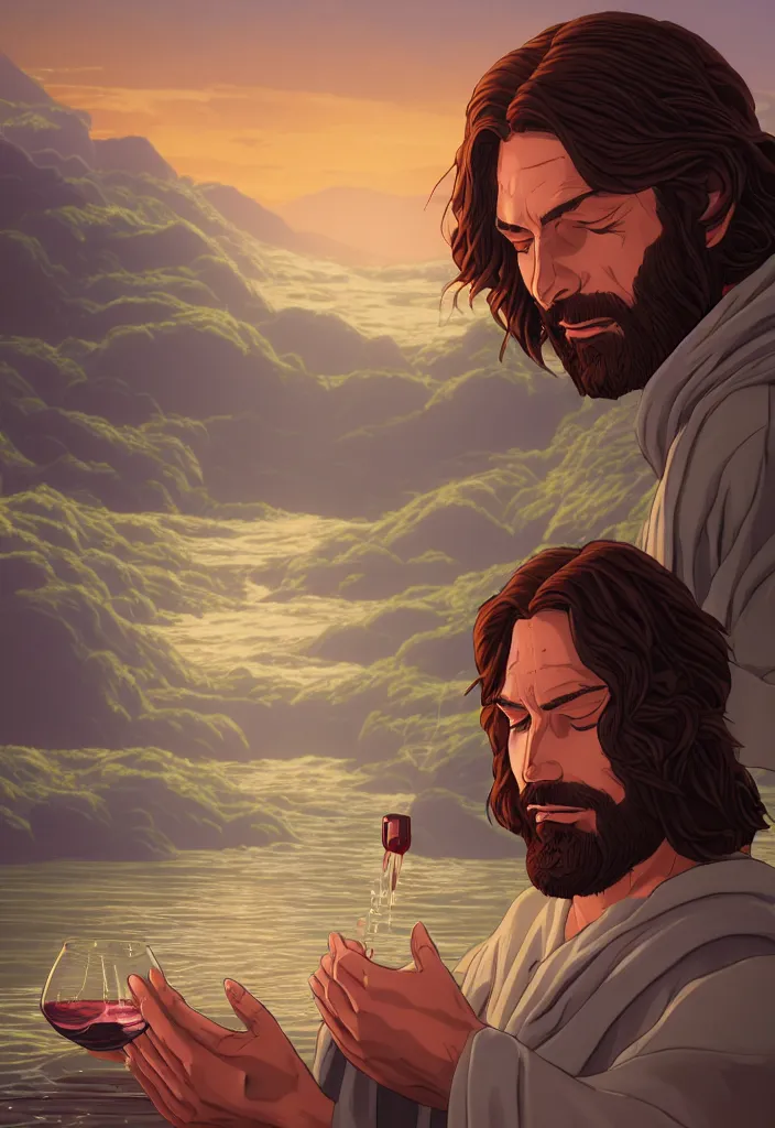 Image similar to a portrait of jesus turning water in wine by dan mumford, yusuke murata and makoto shinkai, 8k, cel shaded, unreal engine, featured on artstation, pixiv