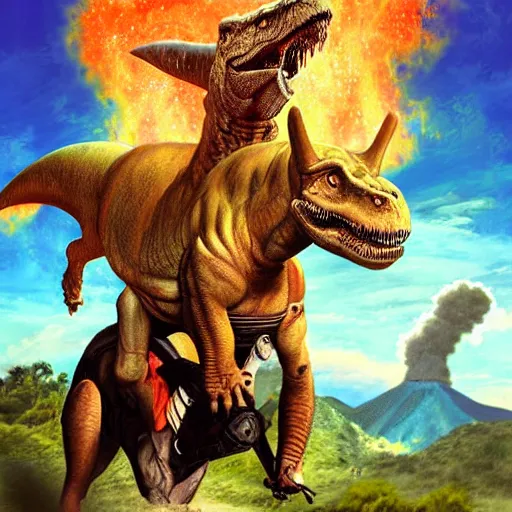 Prompt: benjamin netanyahu riding a t - rex with a shotgun, epic volcano background by victor adame minguez by yuumei by tom lovell by sandro botticelli