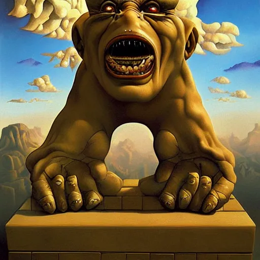 Image similar to The famous gargoyle of McDonalds, surrealist landscape painting by Vladimir Kush