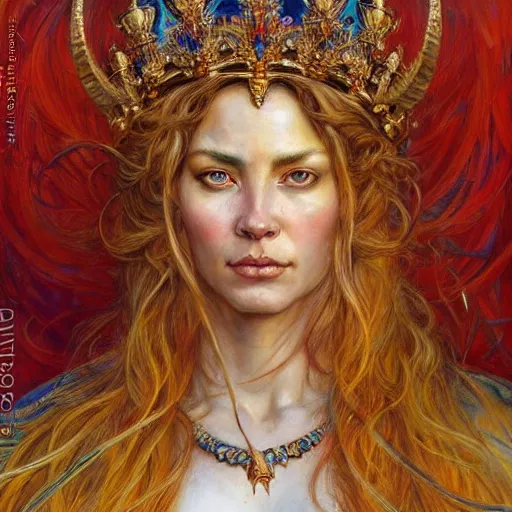 Prompt: highly detailed portrait of a majestic lioness queen in the form of a beautiful woman. d & d, art by donato giancola and ruan jia and carl larsson and magali villeneuve. trending on artstation, intricate details, energetic composition, golden ratio, concept art, illustration, elegant art