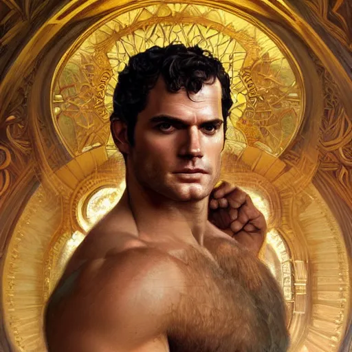 Image similar to portrait of henry cavill as a heavenly god, full body, muscular, fantasy, intricate, elegant, highly detailed, digital painting, artstation, concept art, matte, sharp focus, illustration, art by artgerm and greg rutkowski and alphonse mucha