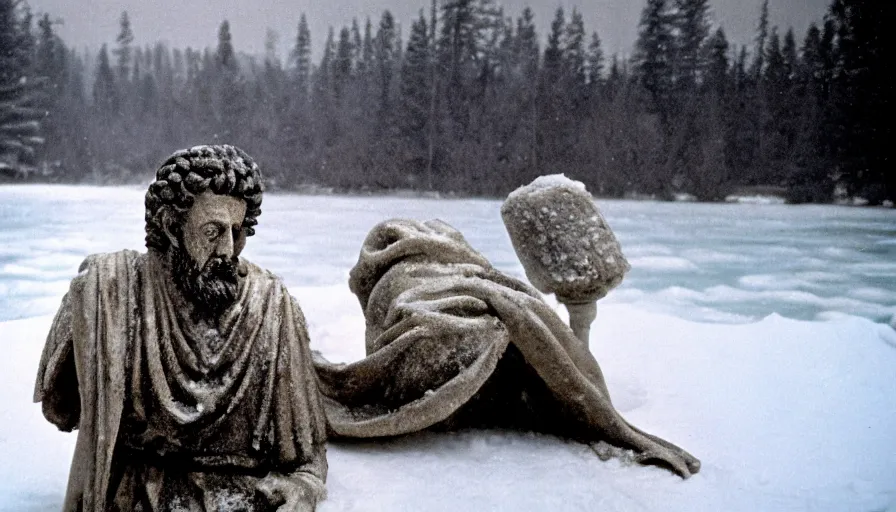Image similar to 1 9 6 0 s movie still close up of marcus aurelius in toga frozen to death under the snow on a river's shore with gravel, pine forests, cinestill 8 0 0 t 3 5 mm, high quality, heavy grain, high detail, texture, dramatic light, anamorphic, hyperrealistic, detailed hair, foggy
