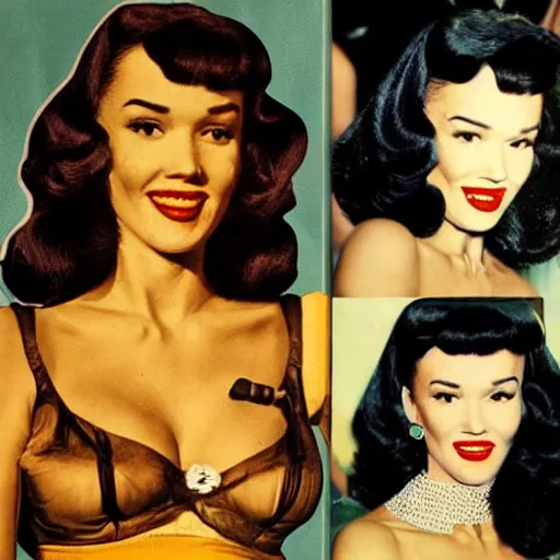 Image similar to a vintage colored photo collage of Jessica alba as bettie page in multiple photo reels shot by Irving and Paula Klaw