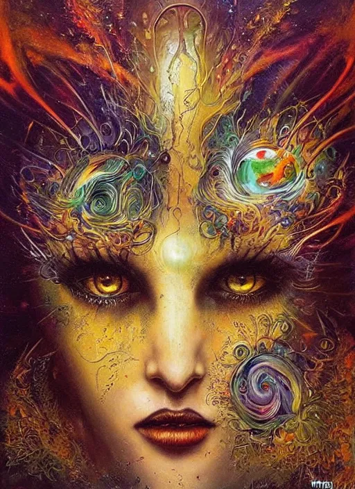 Image similar to magic enlightened cult psychic enchanted woman, painted face, third eye, energetic consciousness psychedelic scene, epic surrealism expressionism symbolism, perfect, by karol bak, louise dalh - wolfe, masterpiece
