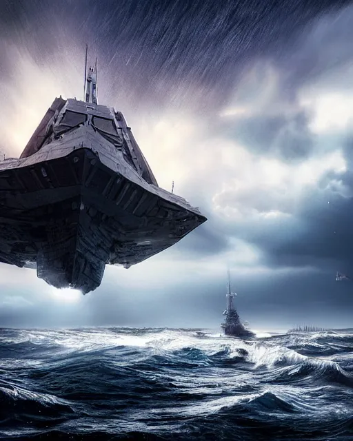 Image similar to scifi action scene of a fishing boat on stormy seas, a gigantic star destroyer spaceship flying overhead, the gigantic star destroyer spaceship is emerging from storm clouds, sunset lighting, stormy weather, dramatic lighting, unreal engine, hyper realism, realistic shading, cinematic composition, realistic render, octane render, detailed textures, photorealistic, ultrawide shot, 1 6 mm lens