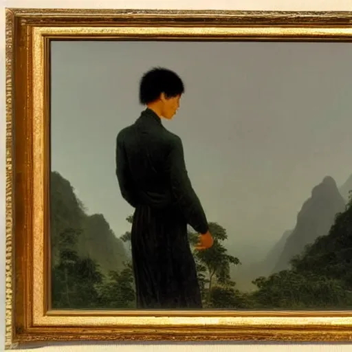 Prompt: a young man in guilin, by caspar david friedrich,