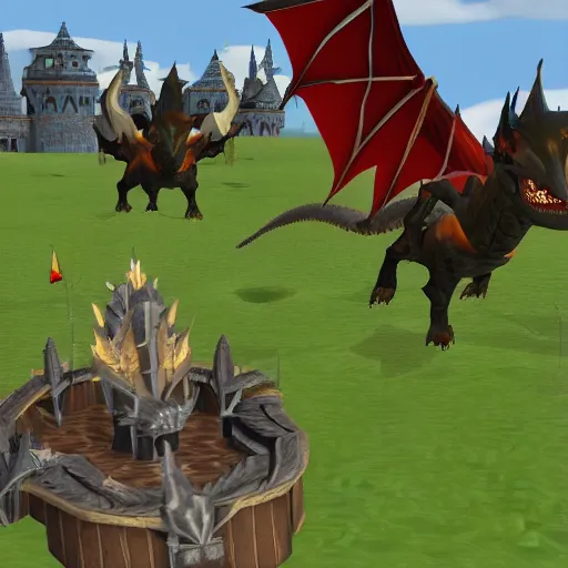 Image similar to a screenshot from runescape with two magical dragons perched on top of lumbridge