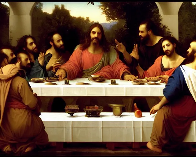 Prompt: beautiful glorious realistic oil painting of the last supper, baroque style by bouguereau, sunset, highly detailed and photorealistic, 8 k intricate