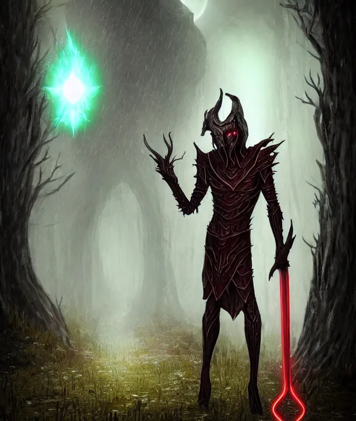 Prompt: A Dark Elf Dunmer named Divayth Fyr in Daedric armor with white hair and glowing red eyes travels in the rain through the Morrowind wilds, Hyper realism, glow, runes, magic, morrowind, Skywind, Oblivion, Skyrim, dark, gloomy, House Telvanni, grass, trees, swamp