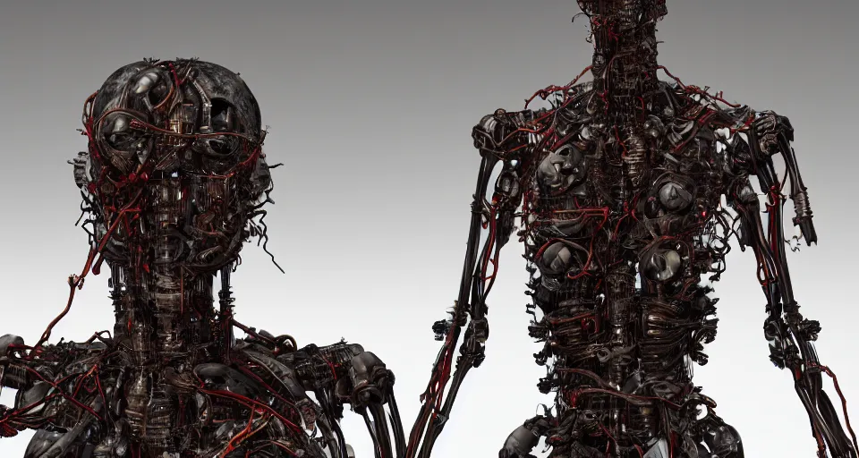 Image similar to Techno-biological rusty robot geisha consisting of veins, bones, kidneys, wires. Biopunk, body armor, high detail, photorealism, full length view, concept art, octane render, 16k, 8k