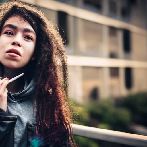 Image similar to candid photographic portrait of a poor techwear mixed young woman smoking inside a dystopian city, closeup, beautiful garden terraces in the background, sigma 85mm f/1.4, 4k, depth of field, high resolution, 4k, 8k, hd, full color