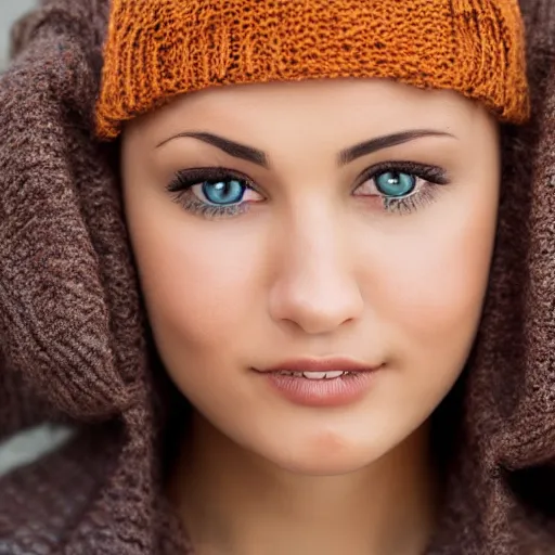 Image similar to beautiful woman with short blue hair, big brown eyes, wearing a brown sweater