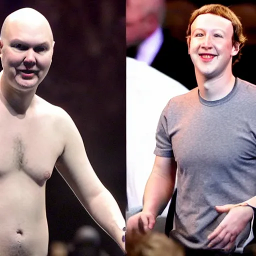 Image similar to billy corgan and mark zuckerberg fighting over a girl. both are very angry. billy goes over to mark and rips off his shirt. then billy throws mark in the ground and breaks his face and hands.