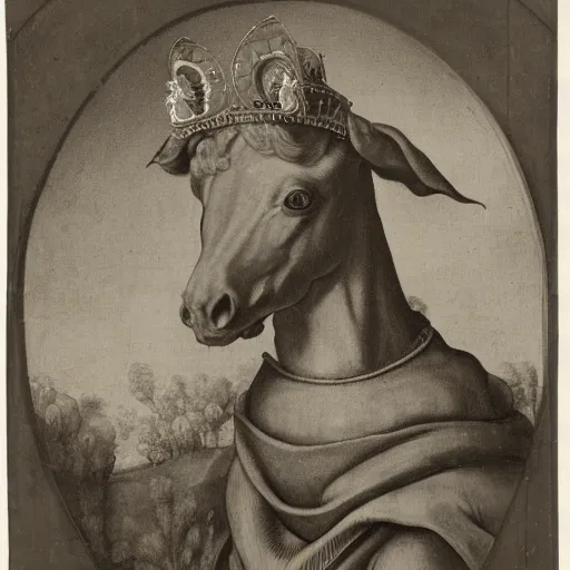 Image similar to a renaissance style portrait of a mule wearing a crown and a cape, dark background