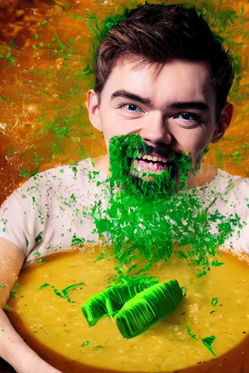 Image similar to 📷 jacksepticeye swimming in soup, made of food, head portrait, dynamic lighting, 4 k