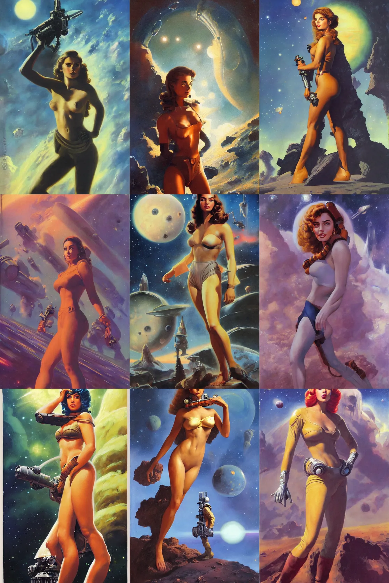 Prompt: oil painting portrait of ana de armas as a scifi explorer standing on a new planet, atmospheric, vintage pulp novel style scifi art by Boris Vallejo, Julie Bell, Frank Frazetta, Greg Rutkowski, Robert McGinnis, and Gil Elvgren,