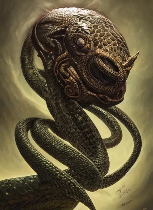 Image similar to robo - serpent downtown london mf doom reptile eyes, wild skin. intricate, elegant, highly detailed, centered, digital painting, artstation, concept art, smooth, sharp focus, illustration, artgerm, tomasz alen kopera, peter mohrbacher, donato giancola, joseph christian leyendecker, wlop, frank frazetta