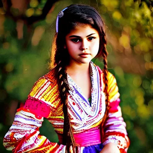 Prompt: dslr photo portrait still of beautiful cute 1 5 year old age 1 5 selena gomez wearing assamese mekhela bihu costume at age 1 5!!!, 8 5 mm f 1. 8 by edward robert hughes, annie leibovitz and steve mccurry, david lazar, jimmy nelsson