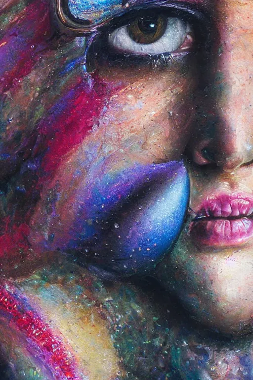 Image similar to hyperrealism oil painting, close - up portrait of face from a tangle of snakes fashion model, knight, street art gradient mixed with nebula sky, in style of baroque