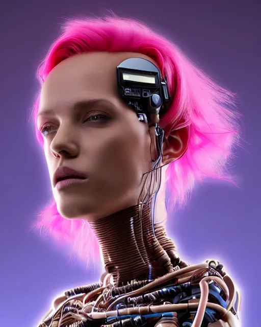 Image similar to portrait of a beautiful tan woman with pink hair as a cyberpunk cyborg half robot, revealing wires and electronics, hooked - up, sci - fi, missing panels, intricate abstract upper body intricate artwork, concept art, octane render, deviantart, cinematic, key art, hyperrealism, iridescent accents, portrait photograph, nikon 3 5 mm, photograph by greg rutkowski