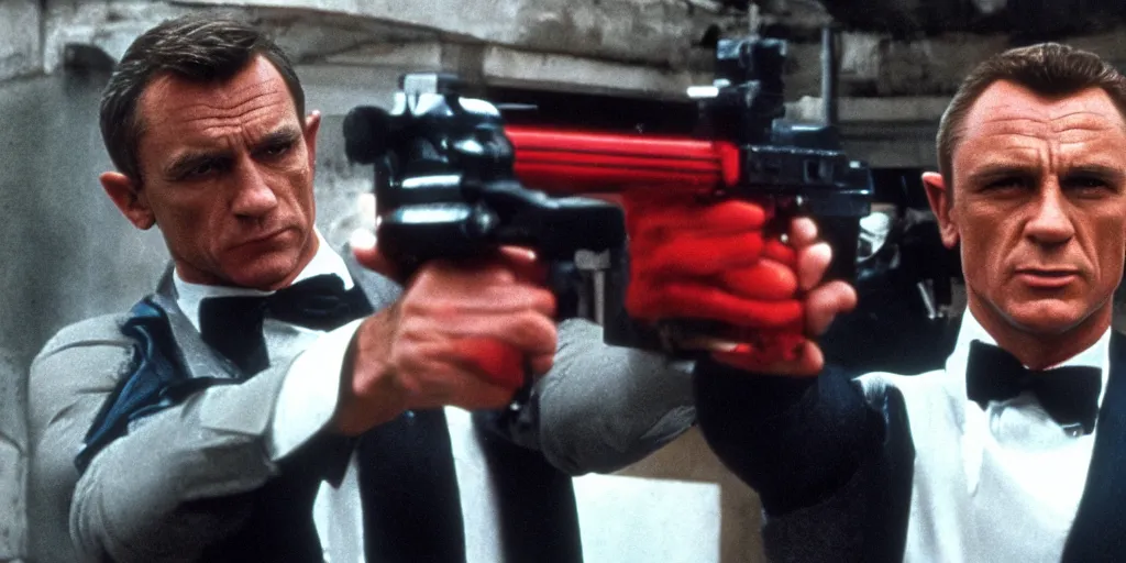 Image similar to James Bond wearing a Spiderman suit, while pointing a gun that emits a sticky liquid, high detail, high definition, high resolution, 8k.