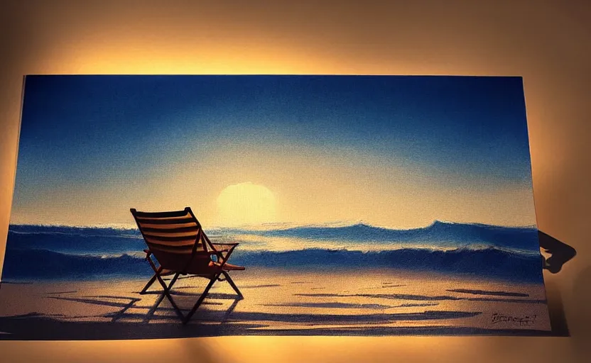 Prompt: silhouette painting of a beach chair at sunset with ocean waves in background, natural light, concept art, by greg rutkowski, cozy atmospheric and cinematic lighting