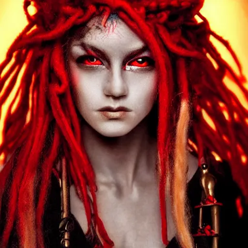 Image similar to a flawless female beauty with blonde and red dreadlocks inspired by luis royo, dark dramatic lighting photography