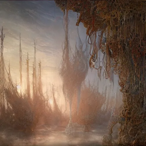 Prompt: Ellen Jewett, beautiful surreal palatial coral at dawn, gustave dore, ferdinand knab, Didier Barra