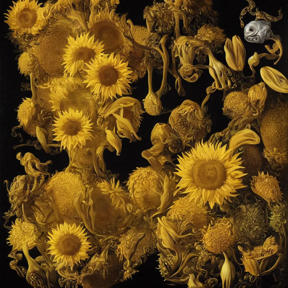 Prompt: dutch golden age bizarre sunflower portrait made from flower floral still life with very detailed aquatic flowering lotuses with amphibians, disturbing fractal forms sprouting up everywhere by rachel ruysch black background chiaroscuro dramatic lighting perfect composition high definition 8 k oil painting with black background by christian rex van dali todd schorr of a chiaroscuro portrait recursive masterpiece