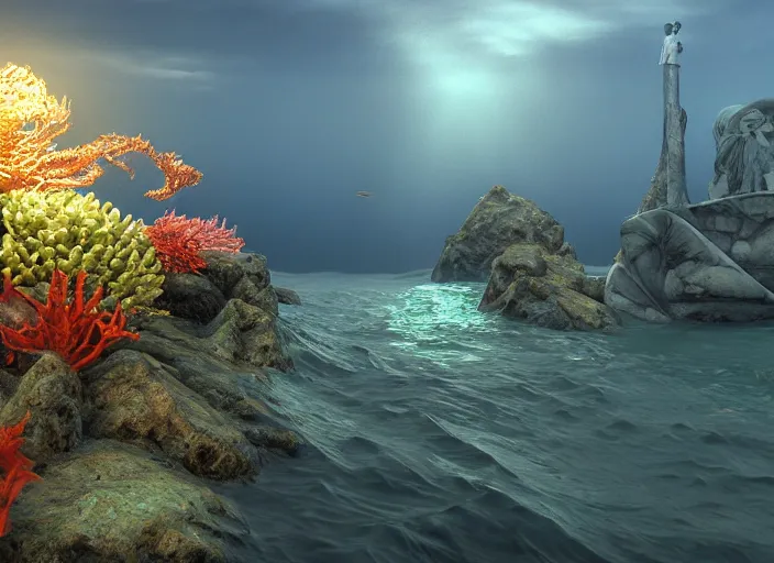 Image similar to a statue at the bottom of the sea, fishes swimming, anemones and starfish, mc escher, gordon onslow ford, georgia o'keeffe and ivan aivazovsky, cinematic light, god rays, colourful, unreal engine, zbrush central,