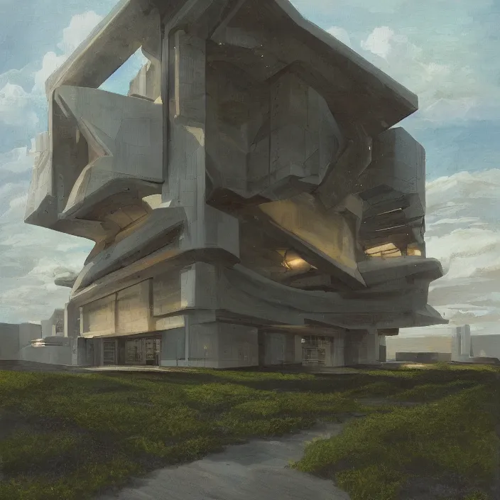 Image similar to a building in a serene landscape, space opera