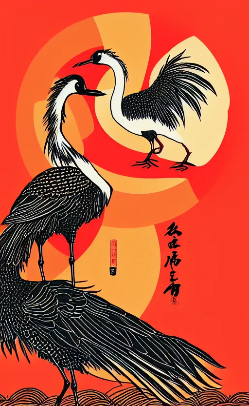 Prompt: hanafuda, portrait of huge japanese crane bird next to a lake in the middle of japanese pines, a big red sun in the background, front game card, vector line art, trending on behance, concept art, stunning, matte