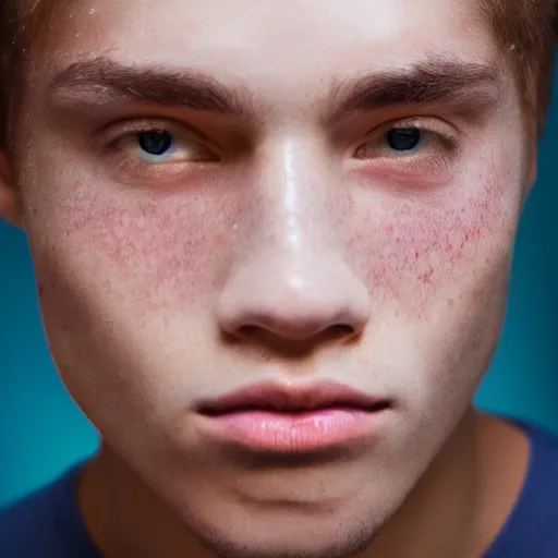 Prompt: ultraviolet spectrum portrait of a young man with fair skin and freckles, in the studio, facial closeup, Ultra-Achromatic-Takumar 85mm F4.5, Baader U Venus filter, iso 800, f/4.5