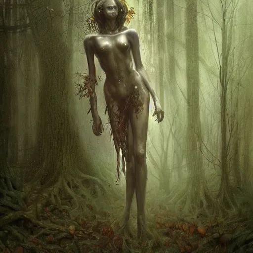 Image similar to portrait of a dryad inspired by hr giger, in a forest of fey autumn maples, her skin glistens with rainwater by greg rutkowski and brian froud dark mysterious, filtered evening light