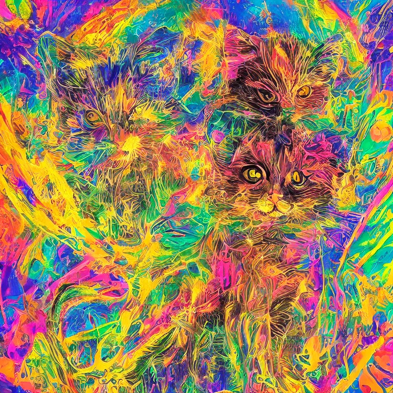 Image similar to smooth detailed art of Rainbow kittens in space, psychedelic DMT art, well lit, digital art, expressive beautiful, award winning, high quality, key visual, 4k hd, sharp, backlit, gorgeous lighting, painted by Pablo Amaringo