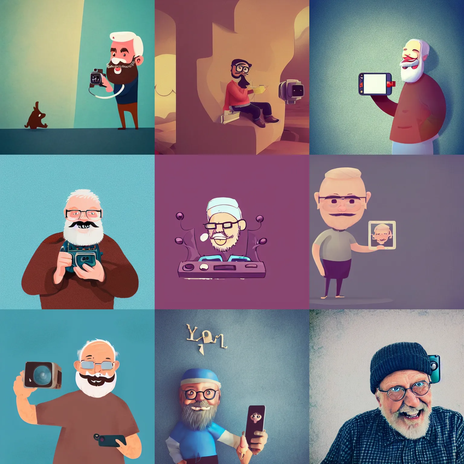 Prompt: cute cartoon character, curled perspective, digital art, smiling beard grandpa taking photo, baby girl, old photo camera, anton fadeev