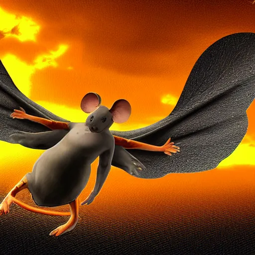 Prompt: a mouse with clockwork wings flying through thick orange clouds, fantasy digital art