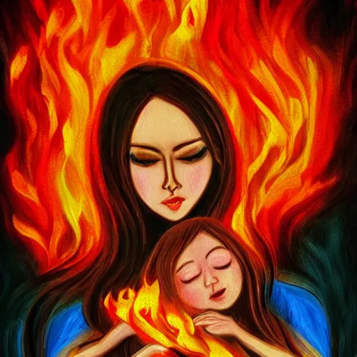 Image similar to beautiful woman cradling her child made of colorful fire by stanley lau, elegant, colorful, loving